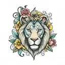 lion face full colour with flowers a book and a hour glass bicep tattoo  tattoo design idea