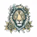 lion face full colour with flowers a book and a hour glass bicep tattoo  tattoo design idea
