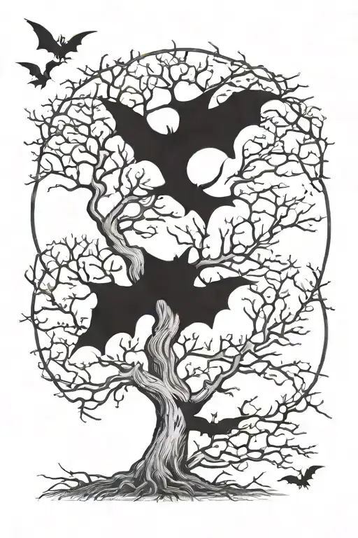 leafless tree with bats and moon tattoo design idea