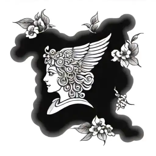 An abstract representation of the Greek goddess Athena intertwined with floral elements tattoo design idea