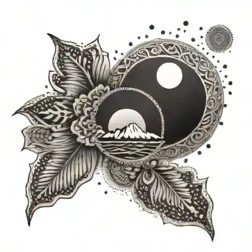 A tranquil Greek seaside landscape with a mandala sun in the sky tattoo design idea