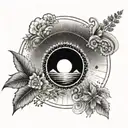 A tranquil Greek seaside landscape with a mandala sun in the sky tattoo design idea