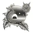 A tranquil Greek seaside landscape with a mandala sun in the sky tattoo design idea