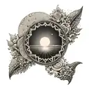 A tranquil Greek seaside landscape with a mandala sun in the sky tattoo design idea