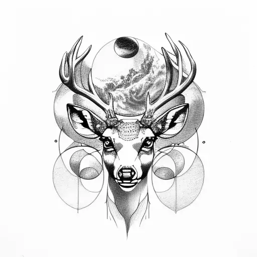 Deer, planets, linhas, formas tattoo design idea