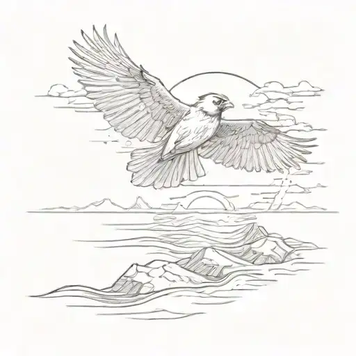A cardinal flying over a beach with the sun reflecting on the water tattoo design idea