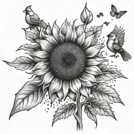 A sunflower field with cardinals flying overhead and the sun shining bright tattoo design idea
