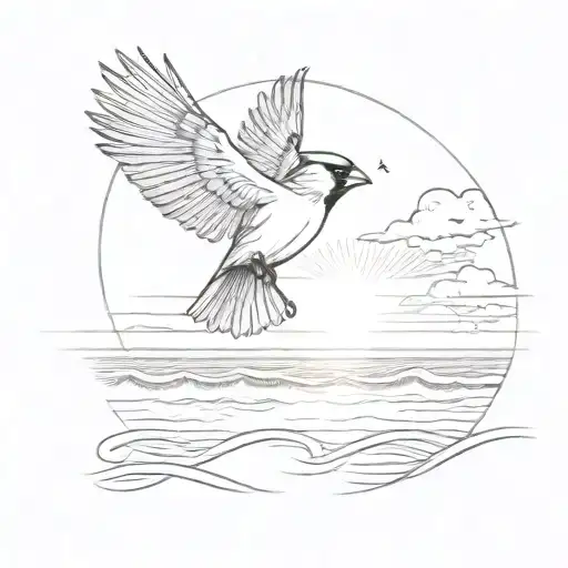A cardinal flying over a beach with the sun reflecting on the water tattoo design idea