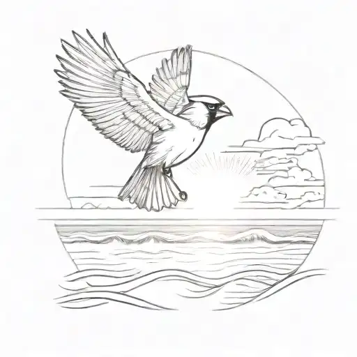 A cardinal flying over a beach with a breast cancer ribbon and the sun reflecting on the water tattoo design idea