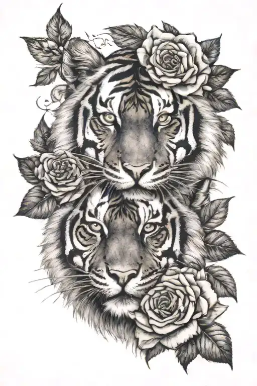 tiger eyes and roses intertwined tattoo design idea