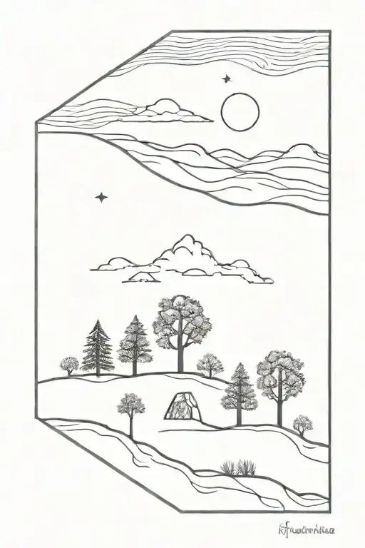 a landscape with 5 trees inside a losange with line work around that are from a meteorite  tattoo design idea