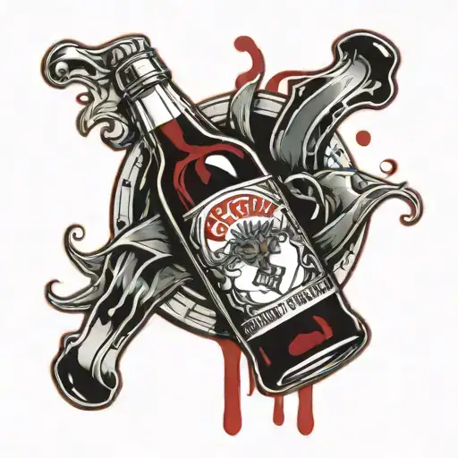  A gunshot in the bottle,  blood flows forming a circle like a Coca Cola bottle cap, with blood dripping dynamic ribbon tattoo design idea
