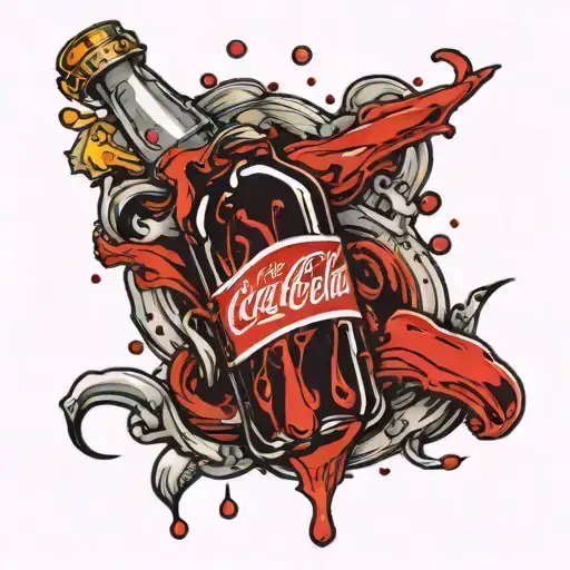  A gunshot in the bottle,  blood flows forming a circle like a Coca Cola bottle cap, with blood dripping dynamic ribbon tattoo design idea