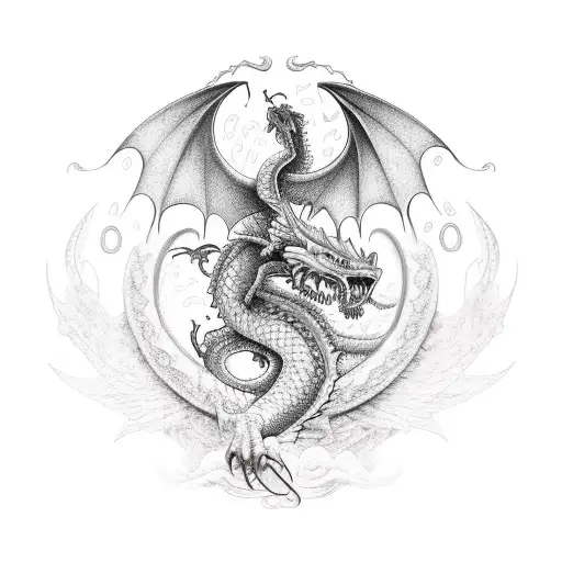 A realistic portrait of a dragon surrounded by musical notes and symbols tattoo design idea