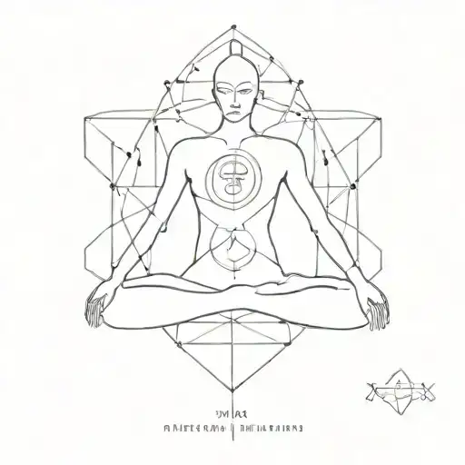 A geometric pattern of meditation poses intertwined with programming symbols tattoo design idea