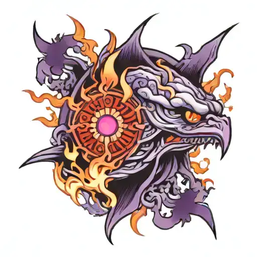 Single Red eye surrounded by purple flames engulfing tattoo design idea