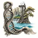 A double helix DNA strand intertwined with a flowing stream, symbolizing the connection between water and life tattoo design idea