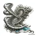 A double helix DNA strand intertwined with a flowing stream, symbolizing the connection between water and life tattoo design idea