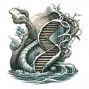 A double helix DNA strand intertwined with a flowing stream, symbolizing the connection between water and life tattoo design idea