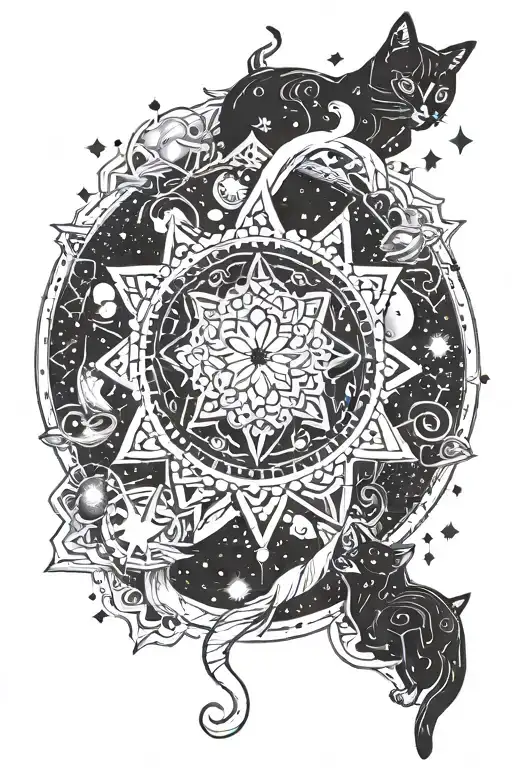 mandala, space, stars, planets, cat tattoo design idea