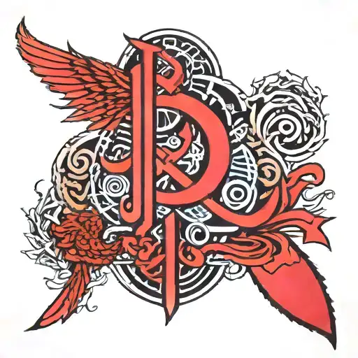 An intricate design of a procurement symbol intertwined with oriental calligraphy and travel landmarks tattoo design idea