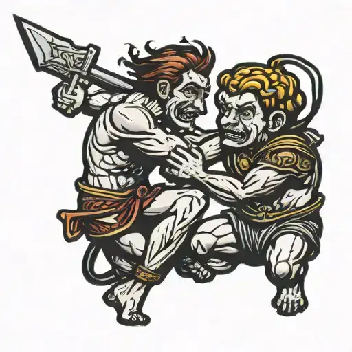 David vs Goliath but David is holding Goliaths head smiling  tattoo design idea