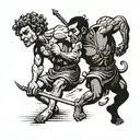 David vs Goliath but David is holding Goliaths head smiling  tattoo design idea