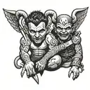 David vs Goliath but David is holding Goliaths head smiling  tattoo design idea