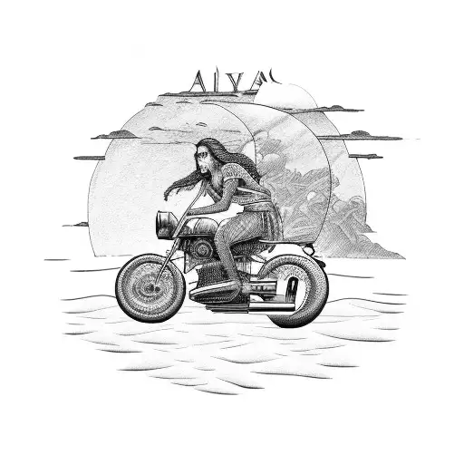 A historical figure from Latin culture riding a motorcycle through a beach sunset tattoo design idea
