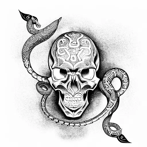 Skull with serpent crawling thru it tattoo design idea