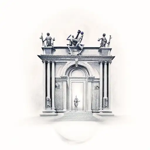 A realistic tattoo of a museum entrance with statues and artifacts from different time periods tattoo design idea
