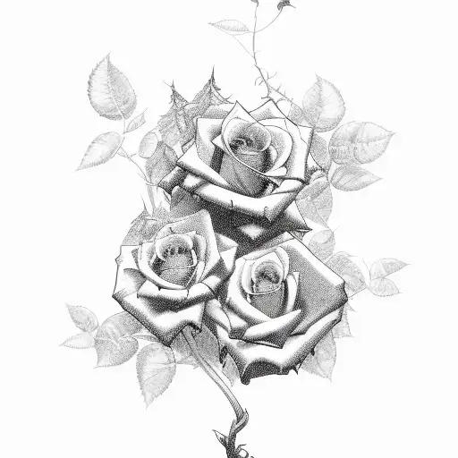 roses covering a base of a tree with the vines and tree roots interconnected tattoo design idea