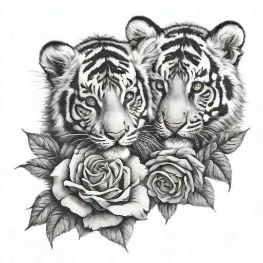 tiger cubs intertwined with roses tattoo design idea