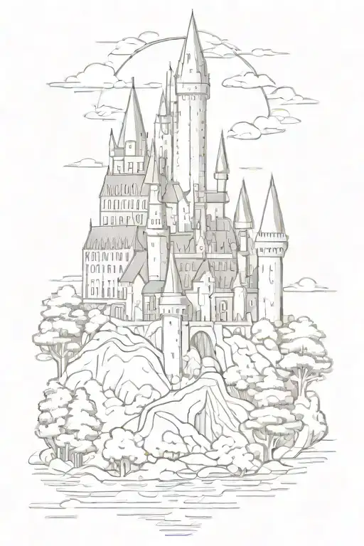 hogwarts castle surrounded by trees tattoo design idea