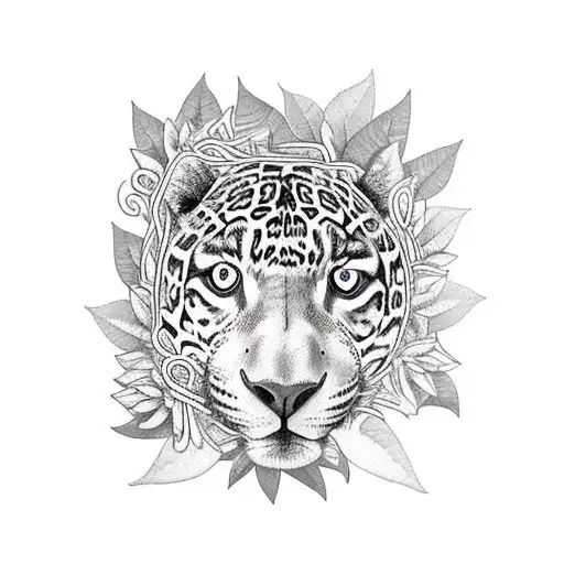 jaguar, jungle flowers, vines, jungle leaves tattoo design idea