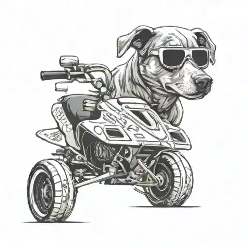 A country music themed snowmobile design with beer cans as exhaust pipes, driven by a dog wearing sunglasses tattoo design idea