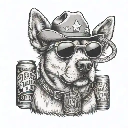 A country music themed design with beer cans and a dog wearing sunglasses and cowboy hat tattoo design idea