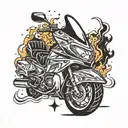 A rock n roll inspired snowmobile design with flames and music notes trailing behind tattoo design idea