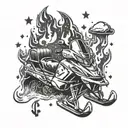 A rock n roll inspired snowmobile design with flames and music notes trailing behind tattoo design idea