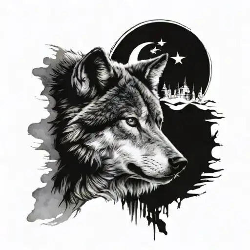 wolf and turkish flag moon  tattoo design idea