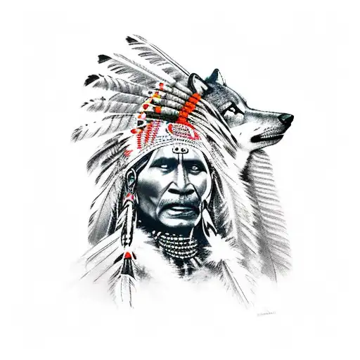 native indian cheif with wolves and forest tattoo design idea