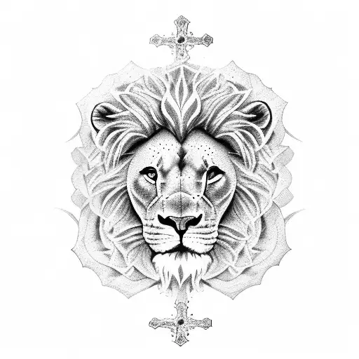 Crosses lion clouds roses tattoo design idea