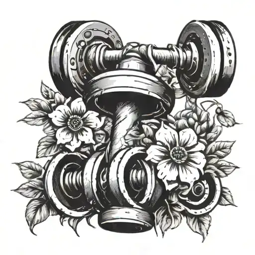 An intricate design of barbells and dumbbells intertwined with vines and flowers, symbolizing growth and strength tattoo design idea