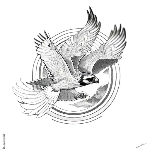 falcon flying with laurel leaves over wave tattoo design idea