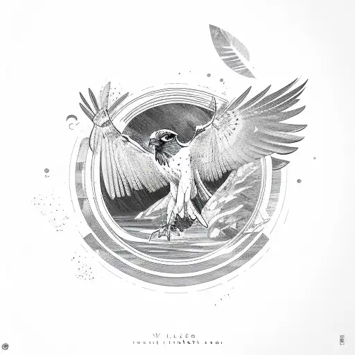 falcon holding laurel leaves over wave tattoo design idea