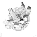 falcon flying with laurel leaves over wave tattoo design idea