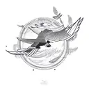 falcon flying with laurel leaves over wave tattoo design idea