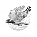 falcon flying with laurel leaves over wave tattoo design idea