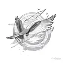 falcon flying with laurel leaves over wave tattoo design idea