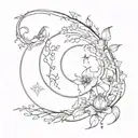 A celestial scene featuring the Sagittarius sun, Gemini moon, and Aries rising signs intertwined with vines and flowers tattoo design idea